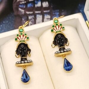 Vintage Estate Black Amoor Art Multi Stone Gold Dangle Earrings